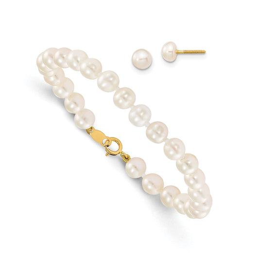14K Yellow Gold Madi K 4-5mm White Freshwater Cultured Pearl Bracelet & Earring Set