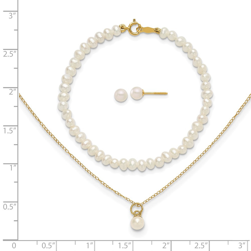 14K Yellow Gold Madi K White Fwc Pearl 15 Necklace, Earrings & 5.5 Bracelet 3Pc Set