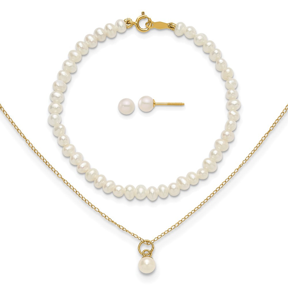 14K Yellow Gold Madi K White Fwc Pearl 15 Necklace, Earrings & 5.5 Bracelet 3Pc Set