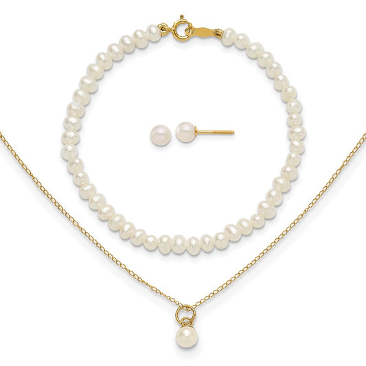 14K Yellow Gold Madi K White Fwc Pearl 15 Necklace, Earrings & 5.5 Bracelet 3Pc Set