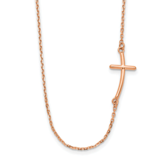 14K Rose Gold Small Sideways Curved Cross Necklace