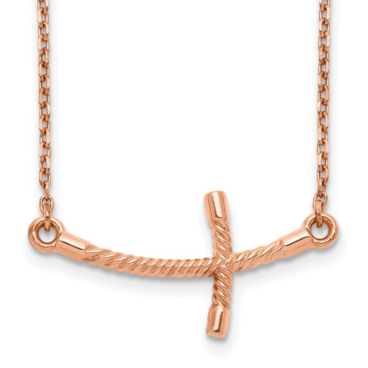 14K Rose Gold Large Sideways Curved Twist Cross Necklace