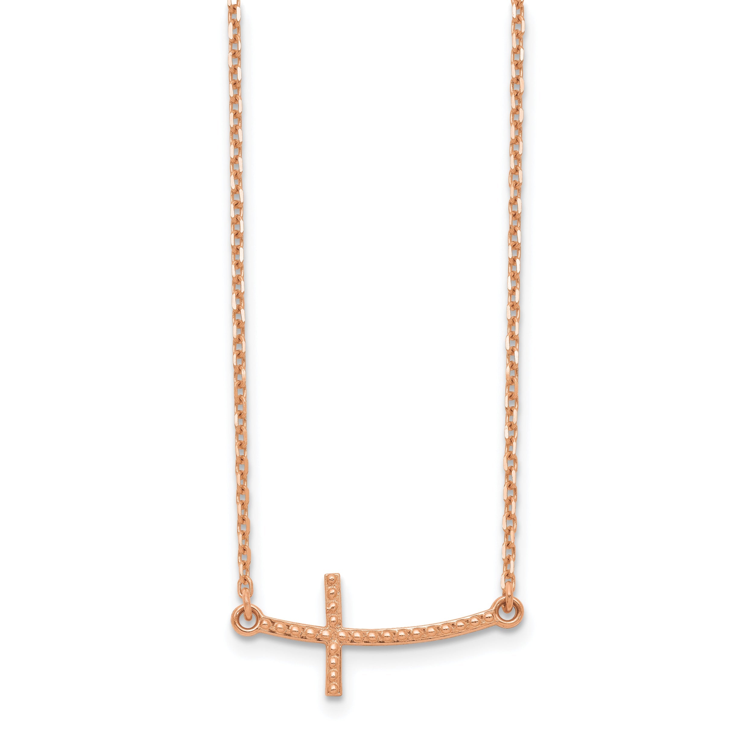 14K Rose Gold Sideways Curved Textured Cross Necklace