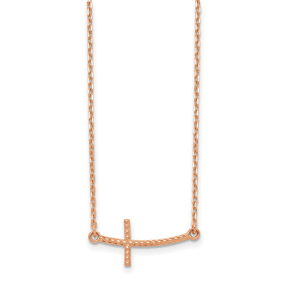 14K Rose Gold Sideways Curved Textured Cross Necklace