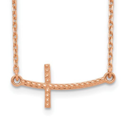 14K Rose Gold Sideways Curved Textured Cross Necklace