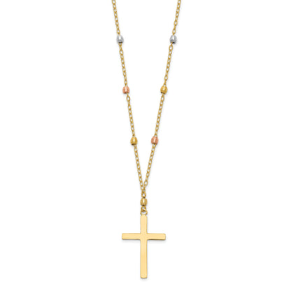 14K Tri-Color Tri Colored Gold Diamond Cut Beaded Cross Necklace