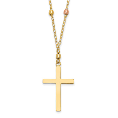 14K Tri-Color Tri Colored Gold Diamond Cut Beaded Cross Necklace