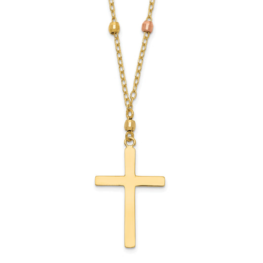 14K Tri-Color Tri Colored Gold Diamond Cut Beaded Cross Necklace