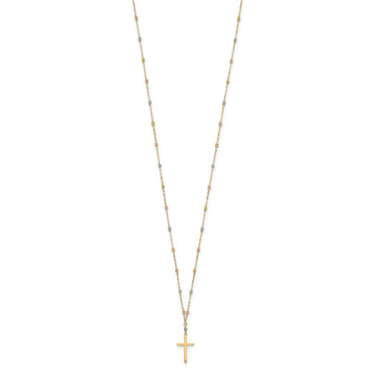 14K Tri-Color Diamond-Cut Beaded Polished Cross Necklace