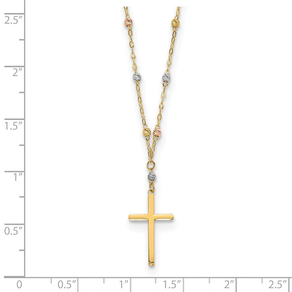 14K Tri-Color Diamond-Cut Beaded Polished Cross Necklace