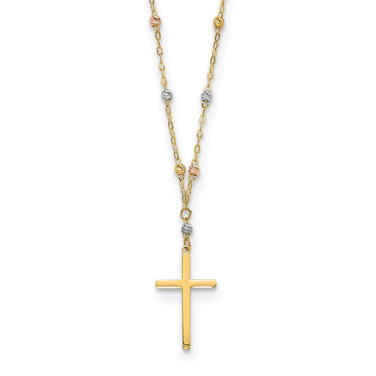 14K Tri-Color Diamond-Cut Beaded Polished Cross Necklace