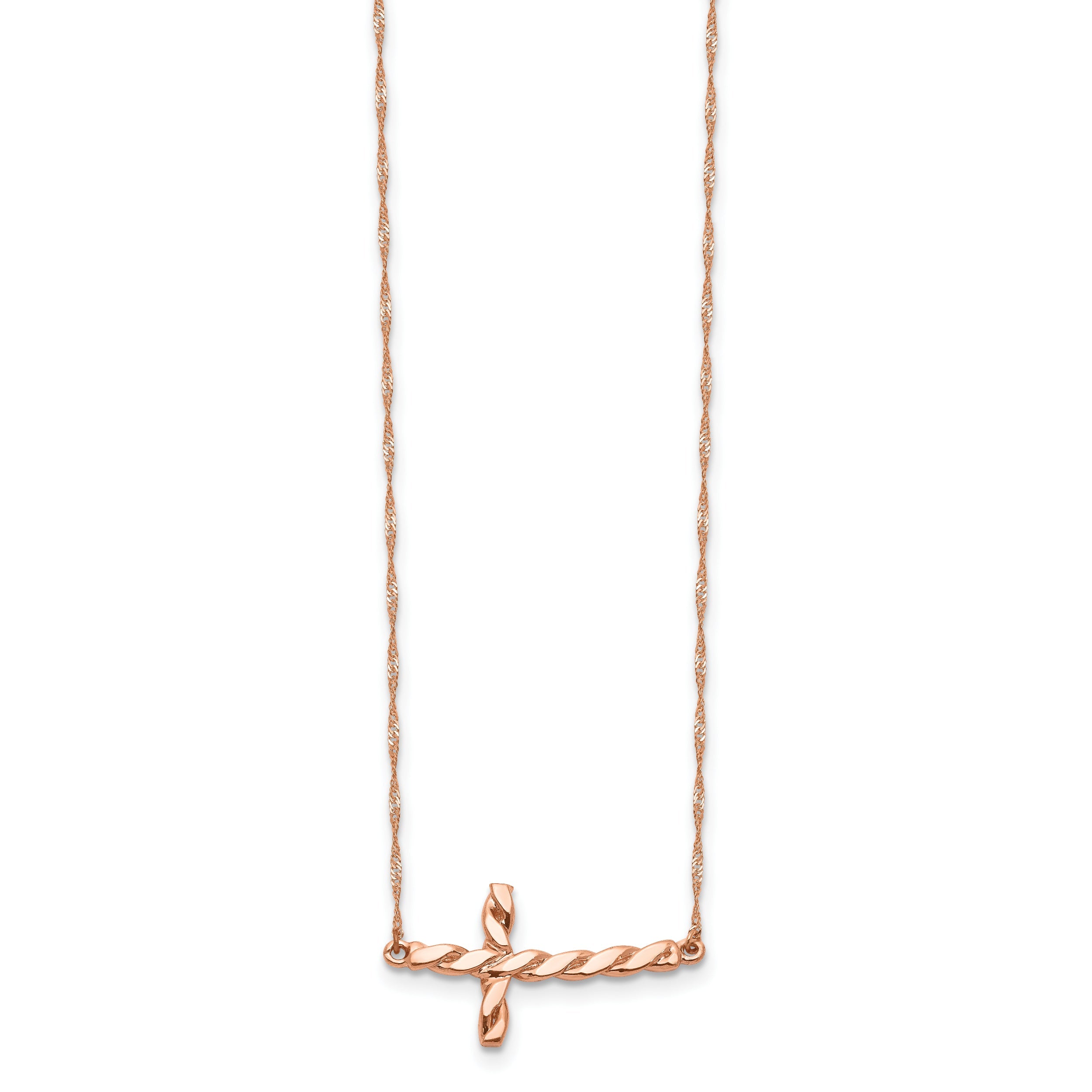 14K Rose Gold Polished Twisted Sideways Cross 17 Inch Necklace