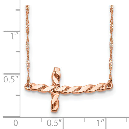 14K Rose Gold Polished Twisted Sideways Cross 17 Inch Necklace
