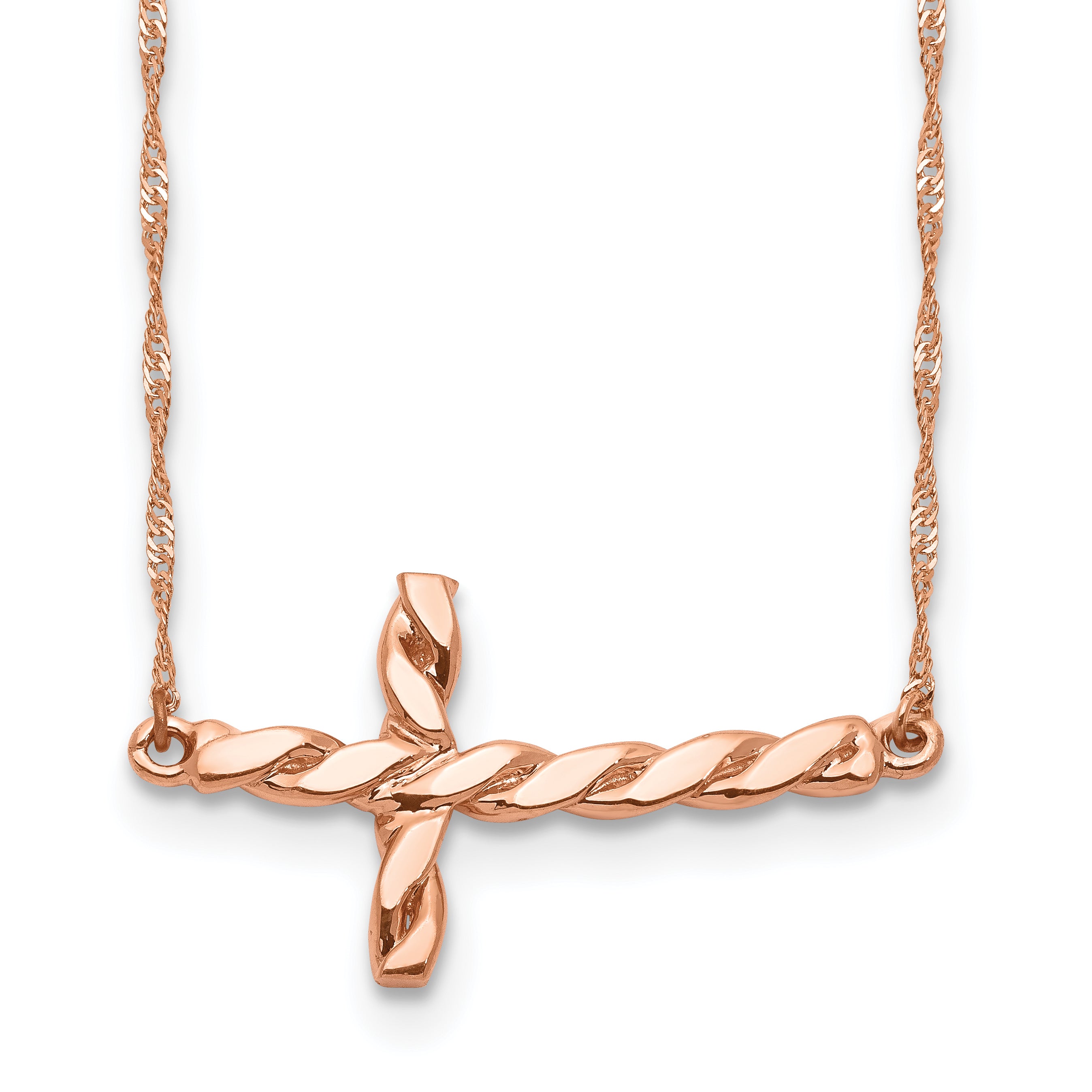 14K Rose Gold Polished Twisted Sideways Cross 17 Inch Necklace