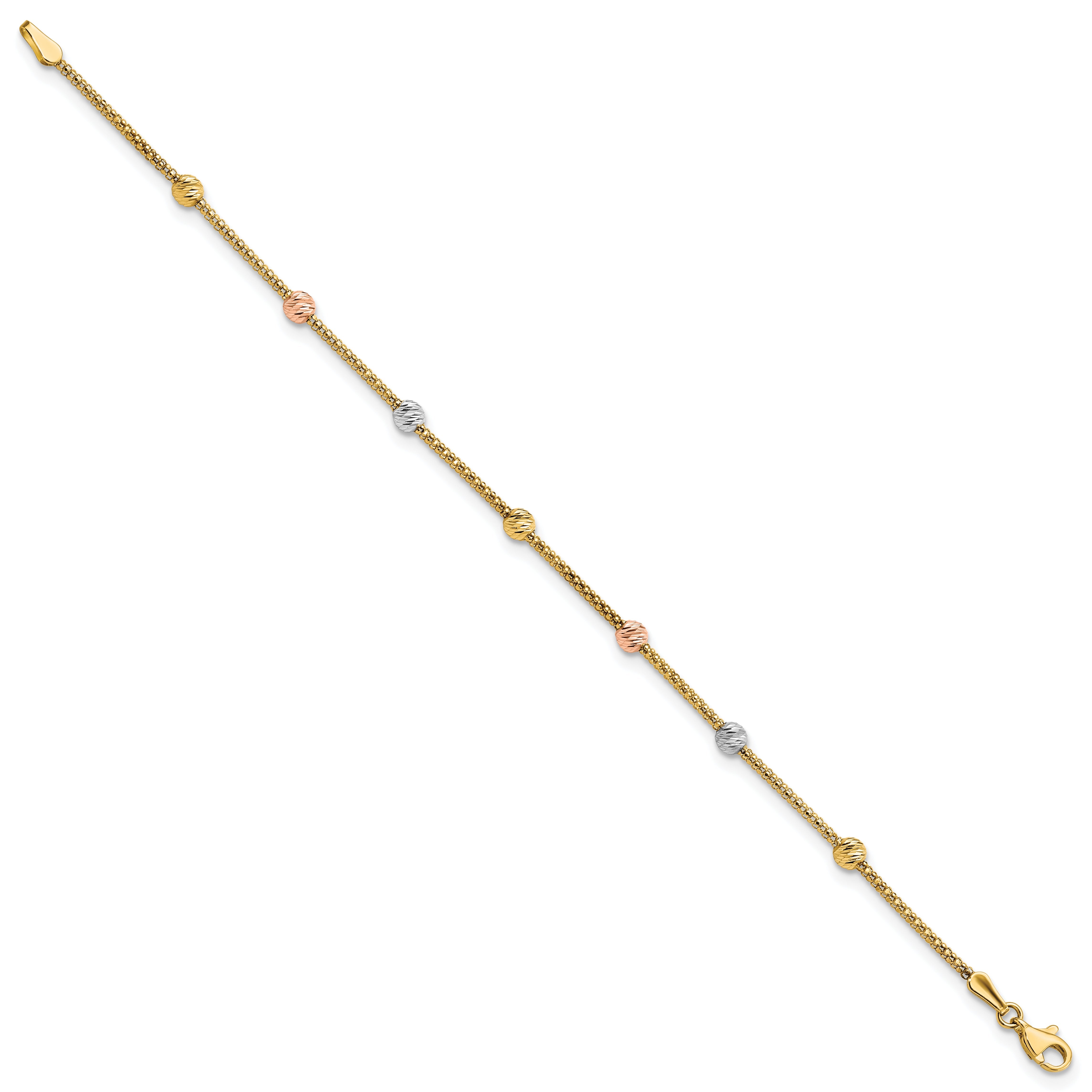 7.25 Inch 14K Tri-Color Diamond-Cut 7-Station Bead And Chain Bracelet