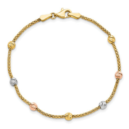 7.25 Inch 14K Tri-Color Diamond-Cut 7-Station Bead And Chain Bracelet