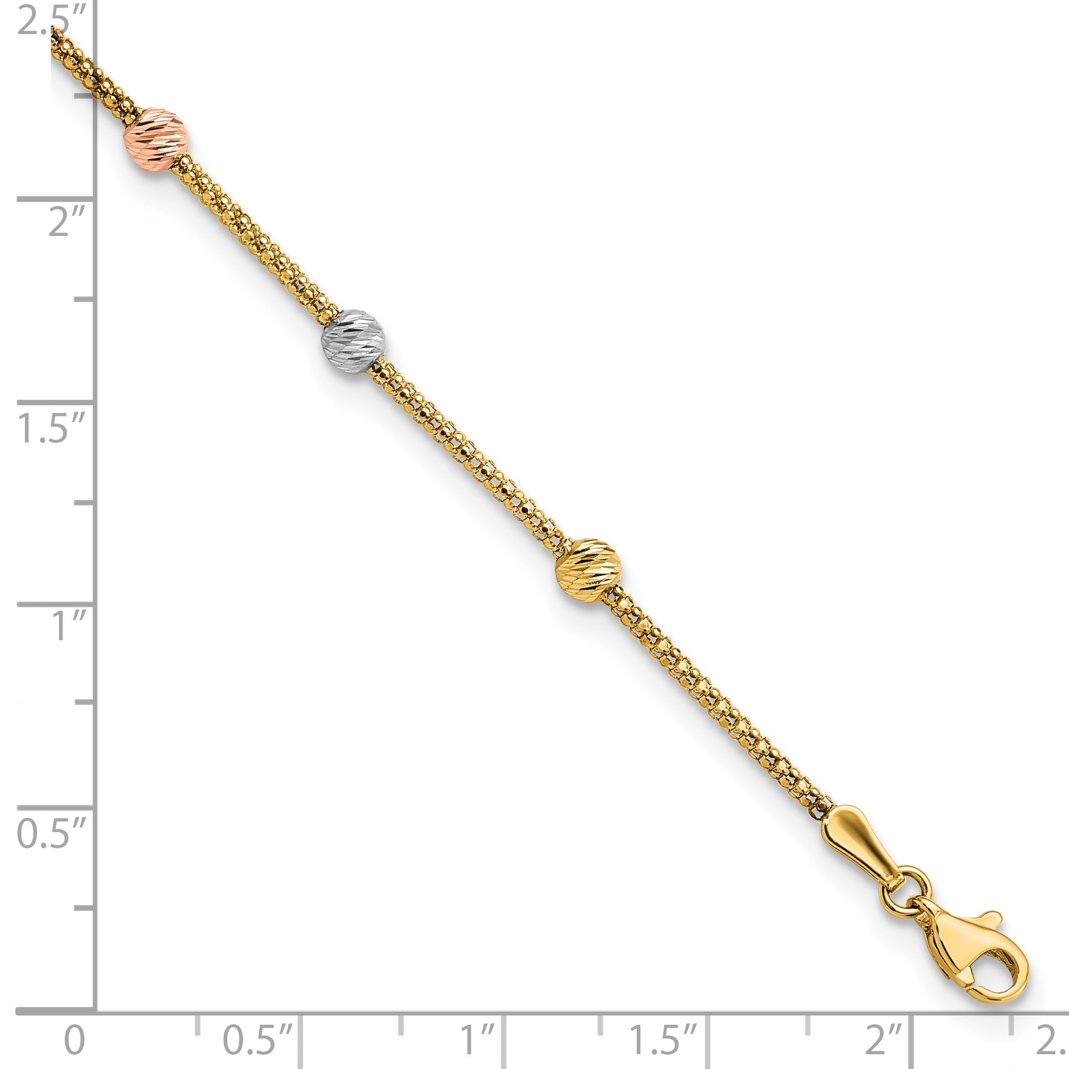 7.25 Inch 14K Tri-Color Diamond-Cut 7-Station Bead And Chain Bracelet