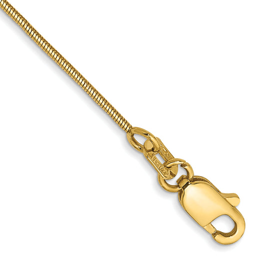 14K Yellow Gold 10 Inch .8mm Round Snake With Lobster Clasp Anklet