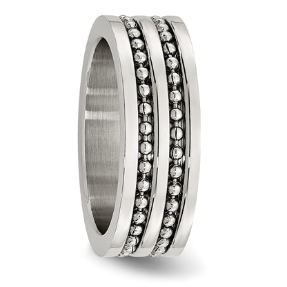 Stainless Steel Antiqued/Polished Double Row Beaded 8mm Band
