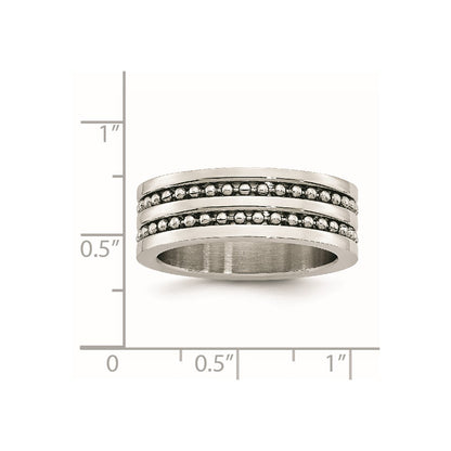 Stainless Steel Antiqued/Polished Double Row Beaded 8mm Band