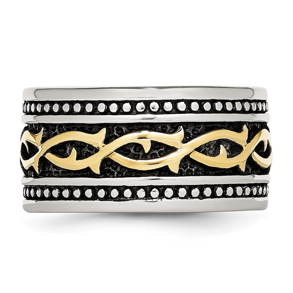 Stainless Steel Antiqued And Polished Yellow Ip Plated 13.25mm Band