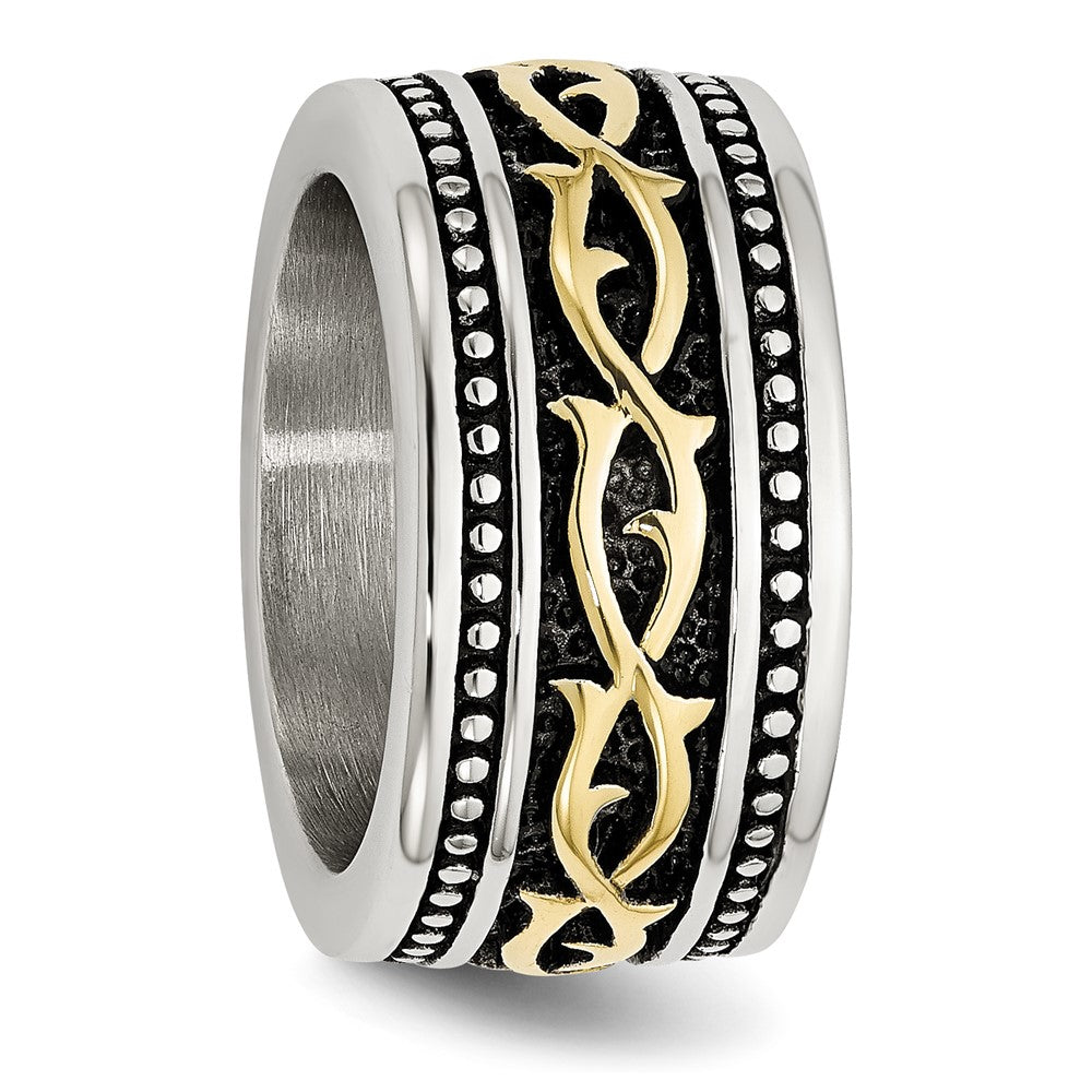 Stainless Steel Antiqued And Polished Yellow Ip Plated 13.25mm Band