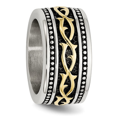 Stainless Steel Antiqued And Polished Yellow Ip Plated 13.25mm Band