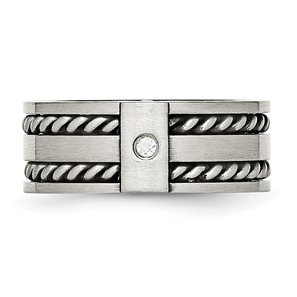 Stainless Steel Antiqued And Brushed Cz Twisted 9mm Flat Band