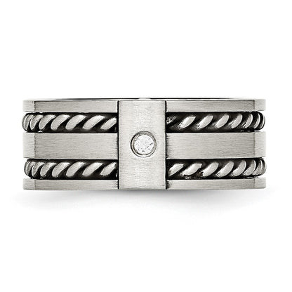 Stainless Steel Antiqued And Brushed Cz Twisted 9mm Flat Band