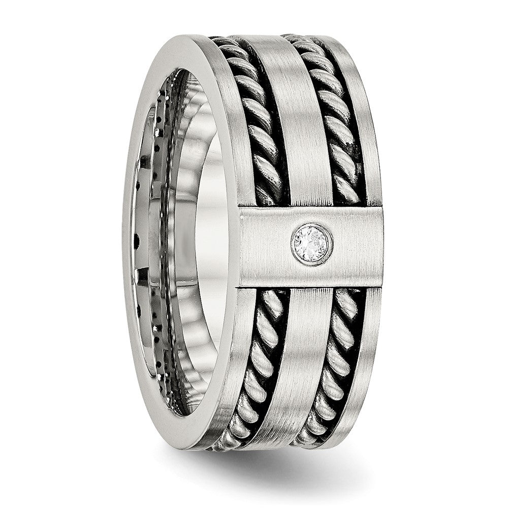 Stainless Steel Antiqued And Brushed Cz Twisted 9mm Flat Band