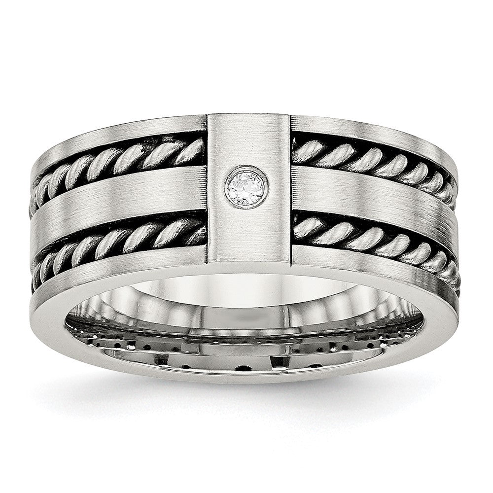 Stainless Steel Antiqued And Brushed Cz Twisted 9mm Flat Band