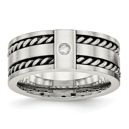 Stainless Steel Antiqued And Brushed Cz Twisted 9mm Flat Band