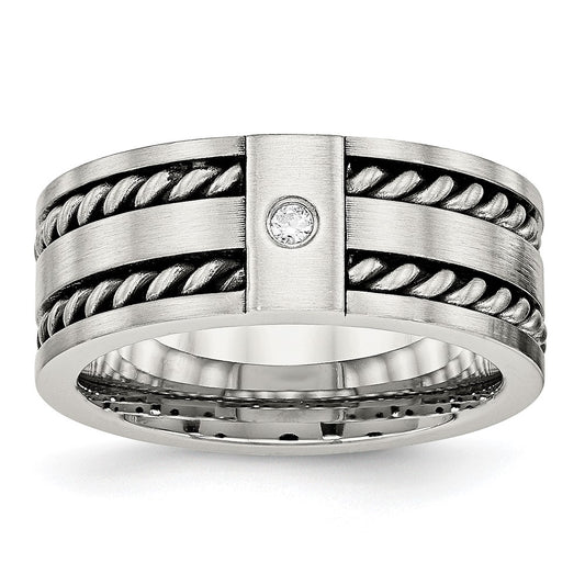 Stainless Steel Antiqued And Brushed Cz Twisted 9mm Flat Band