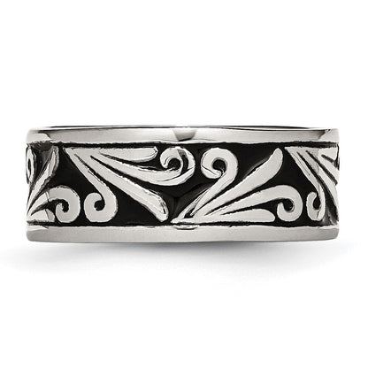 Stainless Steel Antiqued And Polished Fancy Design 8mm Ridged Edge Band