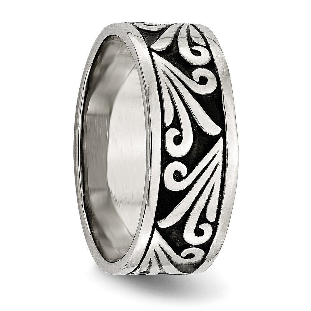 Stainless Steel Antiqued And Polished Fancy Design 8mm Ridged Edge Band