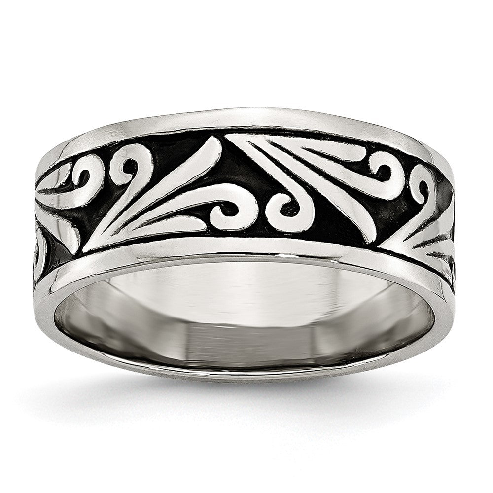 Stainless Steel Antiqued And Polished Fancy Design 8mm Ridged Edge Band