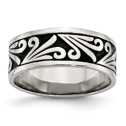 Stainless Steel Antiqued And Polished Fancy Design 8mm Ridged Edge Band