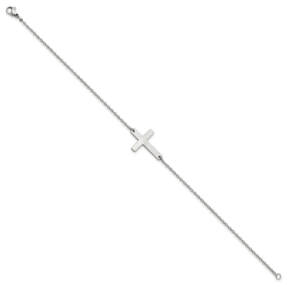Stainless Steel Chisel Polished Sideways Cross 10 Inch Anklet