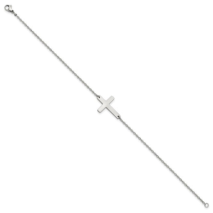 Stainless Steel Chisel Polished Sideways Cross 10 Inch Anklet