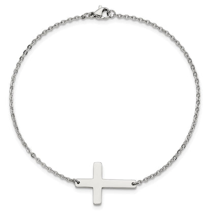 Stainless Steel Chisel Polished Sideways Cross 10 Inch Anklet