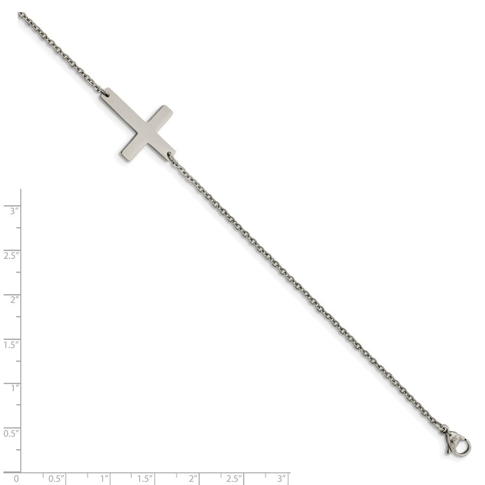 Stainless Steel Chisel Polished Sideways Cross 10 Inch Anklet