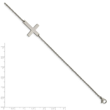 Stainless Steel Chisel Polished Sideways Cross 10 Inch Anklet