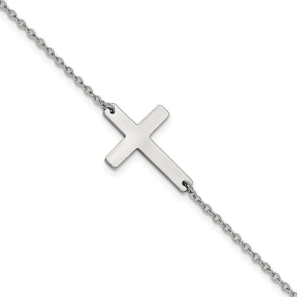 Stainless Steel Chisel Polished Sideways Cross 10 Inch Anklet