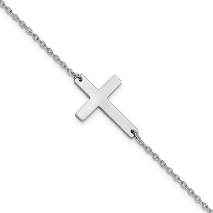 Stainless Steel Chisel Polished Sideways Cross 10 Inch Anklet