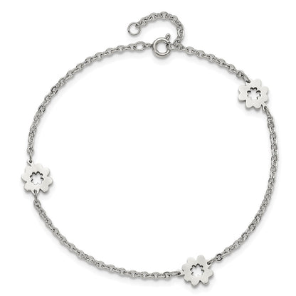 Stainless Steel Chisel Polished Flowers 9 Inch Anklet Plus 1 Extension