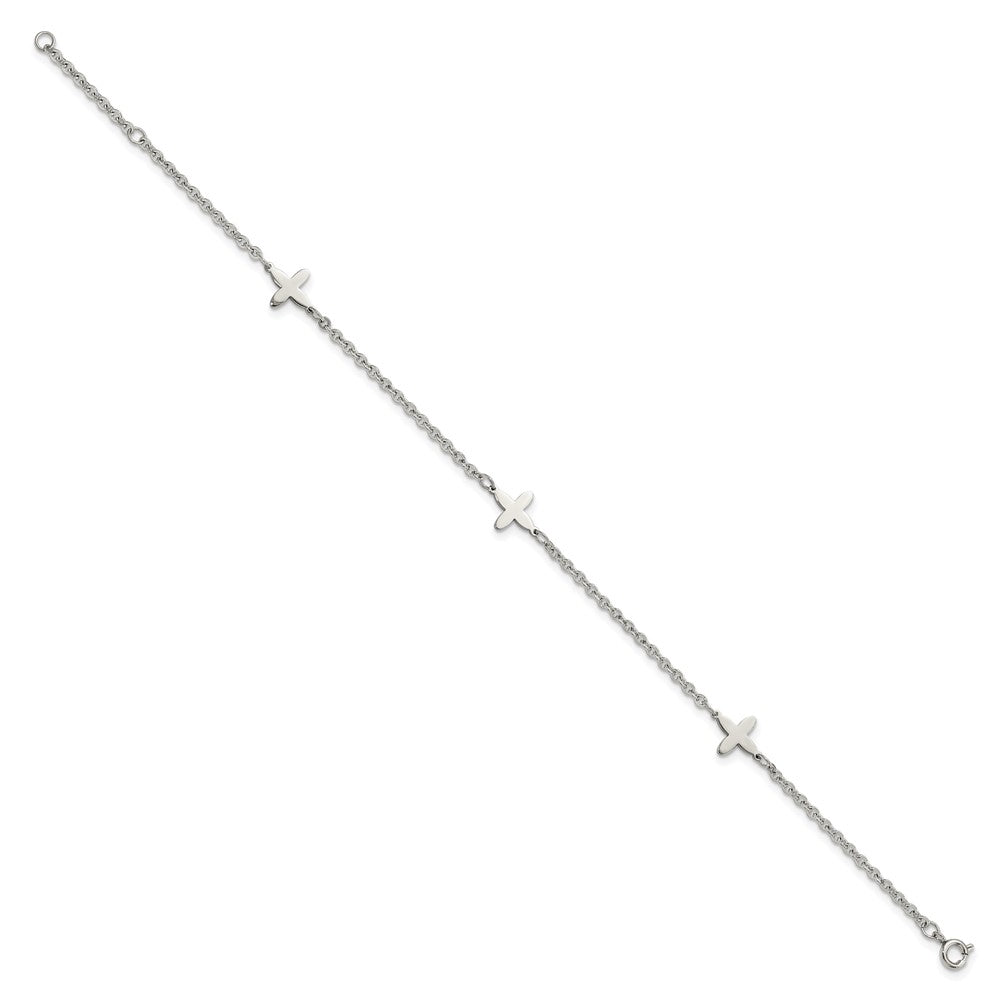 Stainless Steel Chisel Polished Cross Charms 9 Inch Anklet Plus 1 Extension