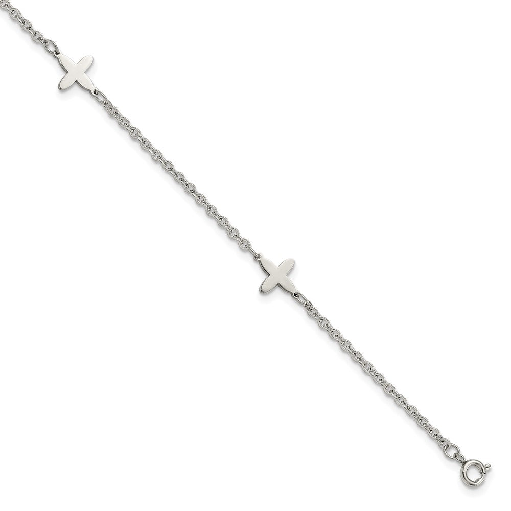 Stainless Steel Chisel Polished Cross Charms 9 Inch Anklet Plus 1 Extension