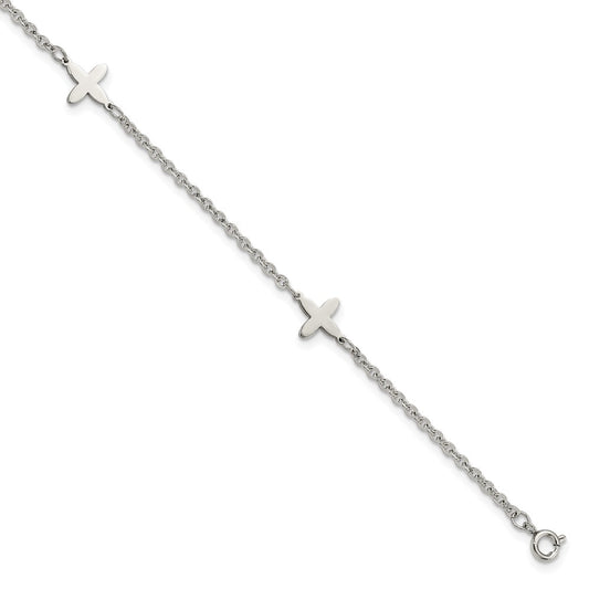 Stainless Steel Chisel Polished Cross Charms 9 Inch Anklet Plus 1 Extension