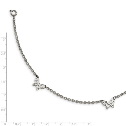 Stainless Steel Chisel Polished With Butterfly Charms 9.5 Inch Anklet Plus 1 Extension