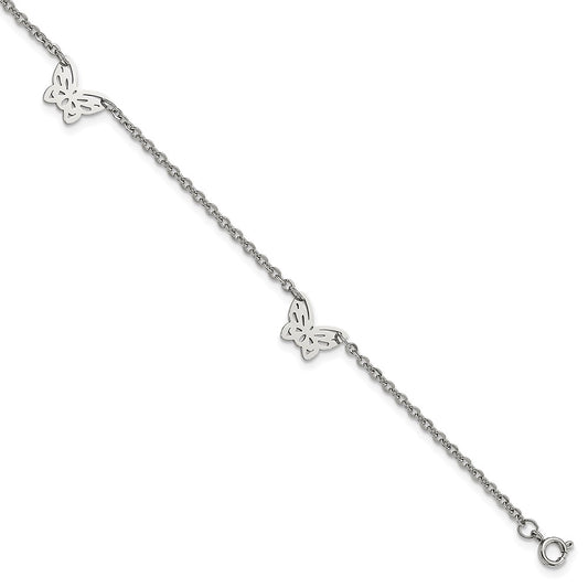 Stainless Steel Chisel Polished With Butterfly Charms 9.5 Inch Anklet Plus 1 Extension